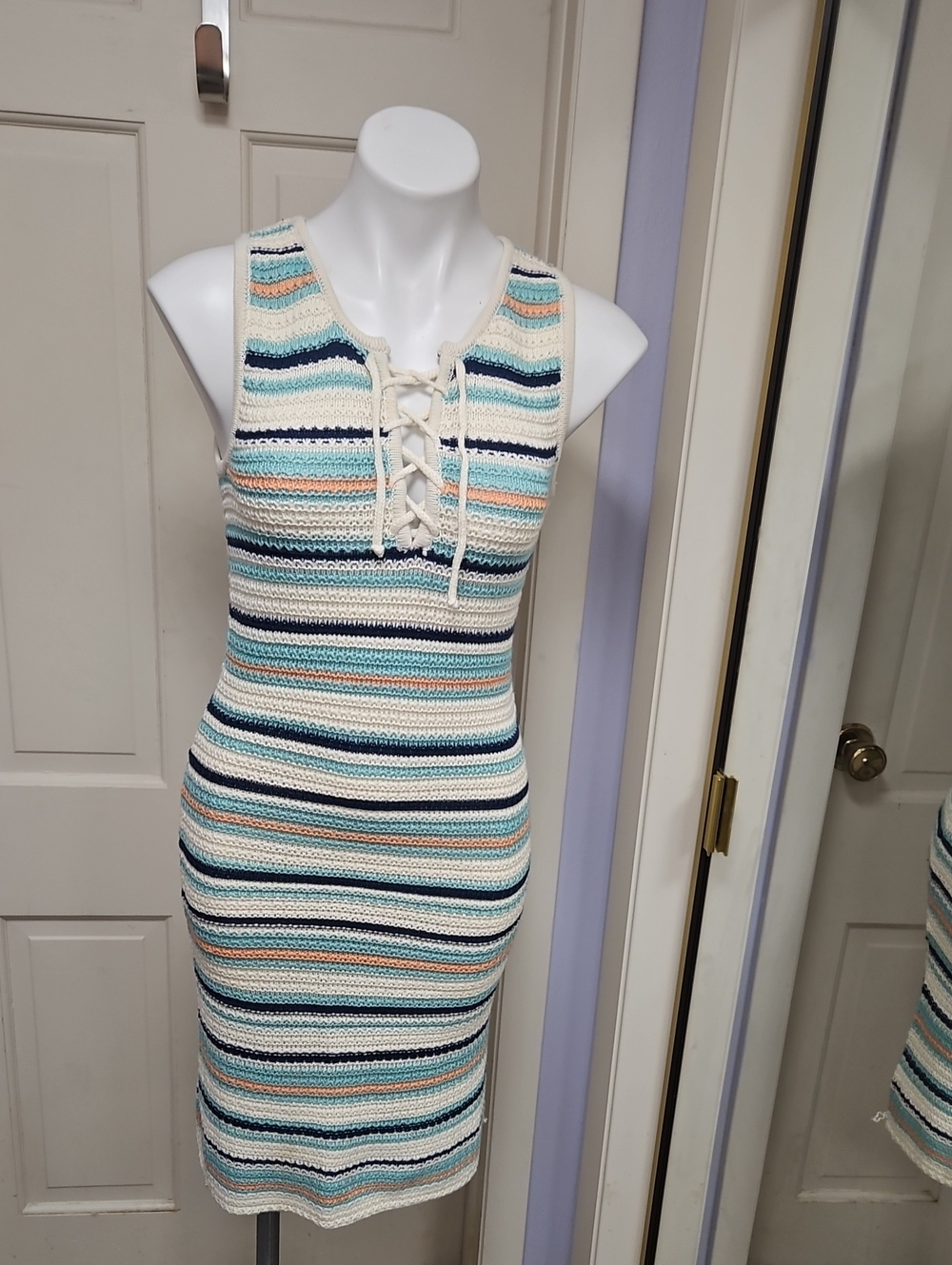 Sleeveless Striped Lace-Up Crochet Dress Prect Summer Or Fall